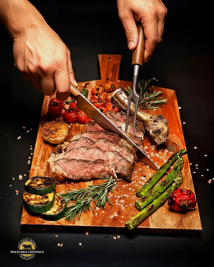 Steak feliat pe tocător, cu legume la grătar